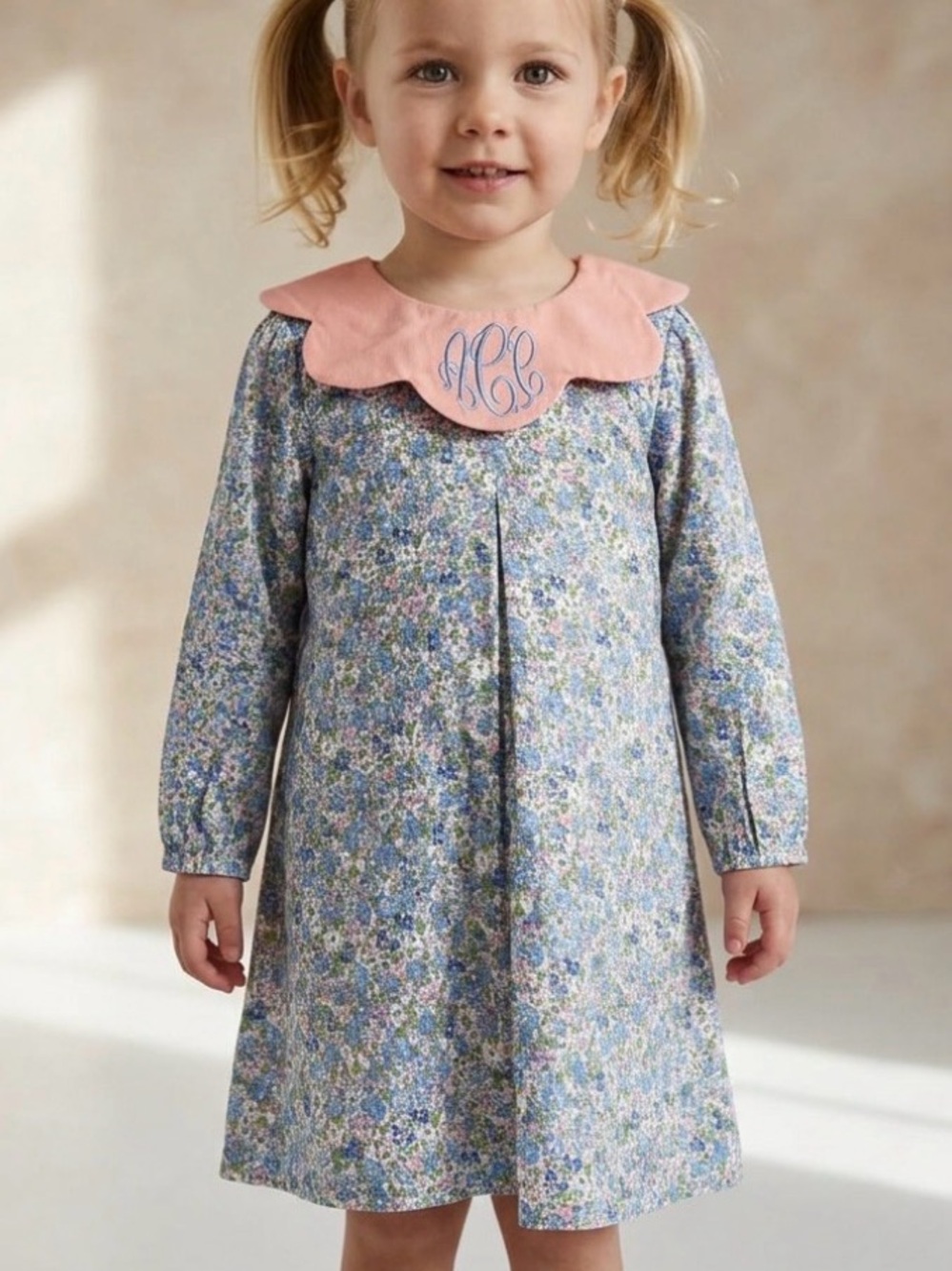 Cecil & Lou girls long sleeve Liberty of London monogram floral Peter Pan dress